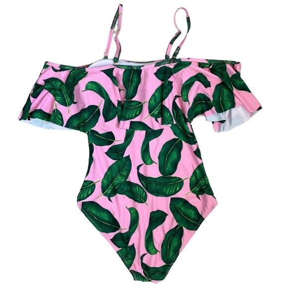 New Tempt Me Pink Green Tropical Leaf One Piece Swimsuit Medium - Picture 1 of 5